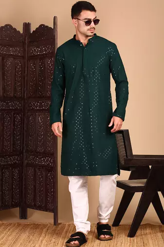 Deep green rayon sequins kurta pajama for mens