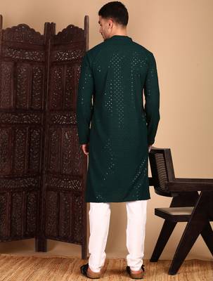 Deep green rayon sequins kurta pajama for mens 4