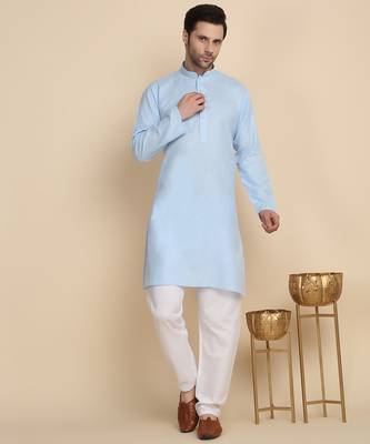 cotton blend solid knee length sky blue kurta 1