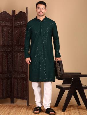 Deep green rayon sequins kurta pajama for mens 5