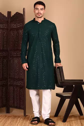 Deep green rayon sequins kurta pajama for mens