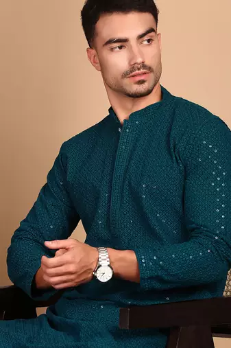 Firozi rayon sequins kurta pajama for mens