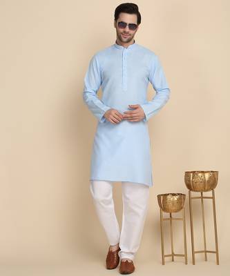 cotton blend solid knee length sky blue kurta 4