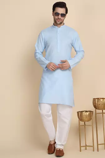 cotton blend solid knee length sky blue kurta
