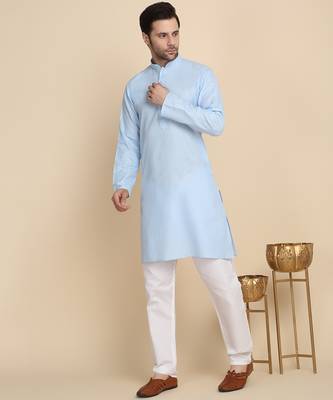 cotton blend solid knee length sky blue kurta 5