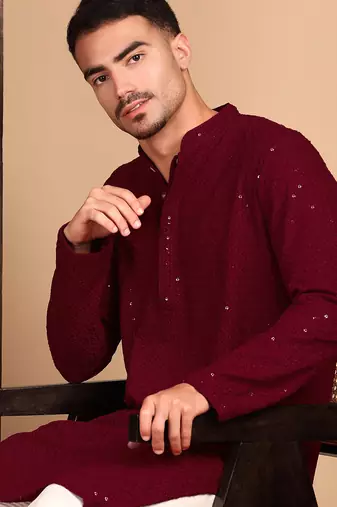 red rayon sequins kurta pajama for mens