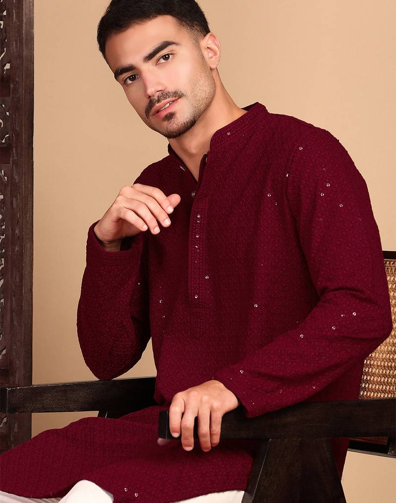 red rayon sequins kurta pajama for mens