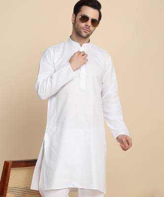 cotton blend solid knee length white kurta 4