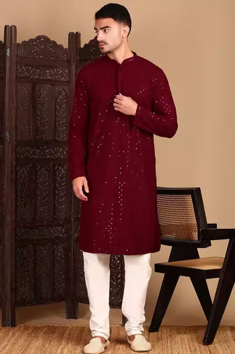 red rayon sequins kurta pajama for mens