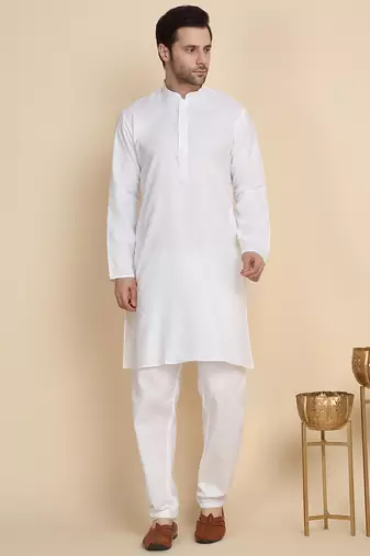 cotton blend solid knee length white kurta