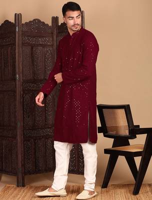 red rayon sequins kurta pajama for mens 3