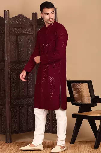 red rayon sequins kurta pajama for mens