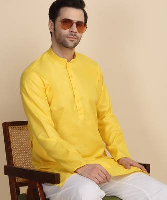cotton blend solid knee length yellow kurta 1