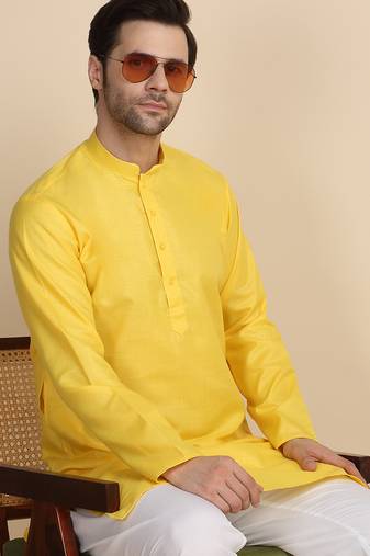 cotton blend solid knee length yellow kurta