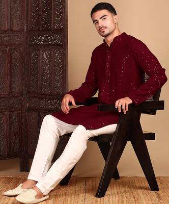 red rayon sequins kurta pajama for mens 5