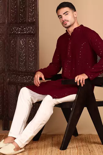 red rayon sequins kurta pajama for mens