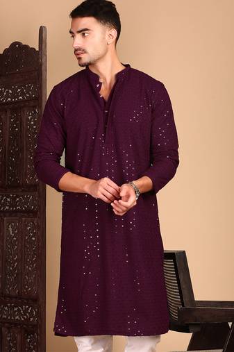Purple rayon sequins kurta pajama for mens