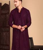 Purple rayon sequins kurta pajama for mens