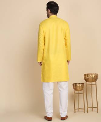 cotton blend solid knee length yellow kurta 3