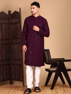 Purple rayon sequins kurta pajama for mens 2