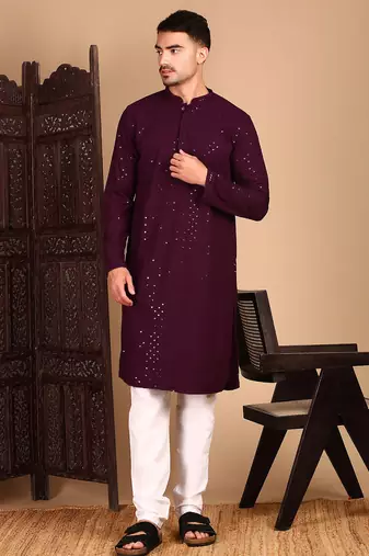 Purple rayon sequins kurta pajama for mens