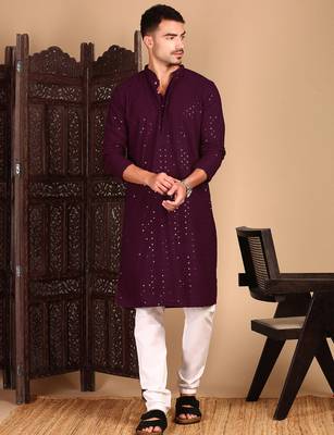 Purple rayon sequins kurta pajama for mens 3