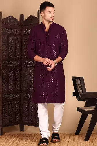 Purple rayon sequins kurta pajama for mens