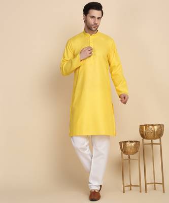 cotton blend solid knee length yellow kurta 4