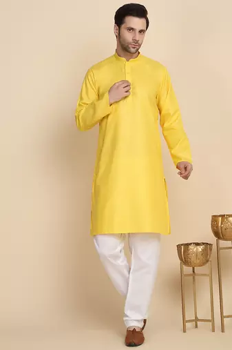 cotton blend solid knee length yellow kurta