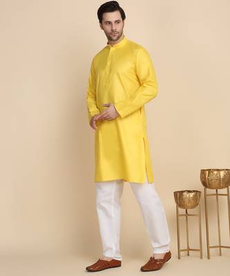 cotton blend solid knee length yellow kurta 5