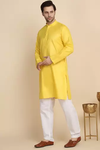 cotton blend solid knee length yellow kurta
