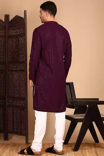 Purple rayon sequins kurta pajama for mens