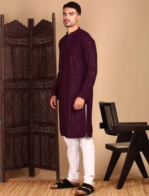 Purple rayon sequins kurta pajama for mens 5