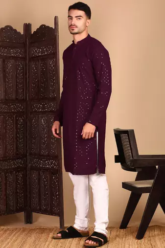 Purple rayon sequins kurta pajama for mens