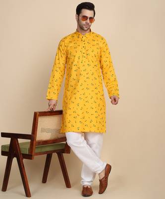 Floral printed cotton blend yellow kurta 1