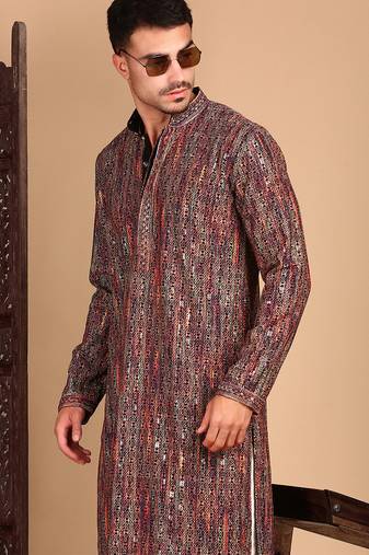 Beige cotton sequins kurta pajama for mens