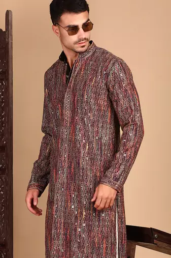 Beige cotton sequins kurta pajama for mens