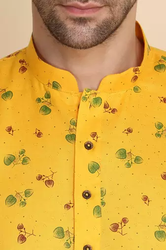 Floral printed cotton blend yellow kurta