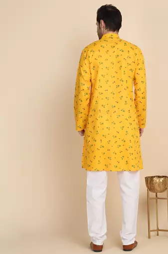Floral printed cotton blend yellow kurta