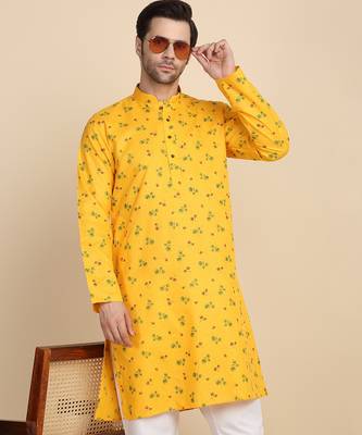 Floral printed cotton blend yellow kurta 4