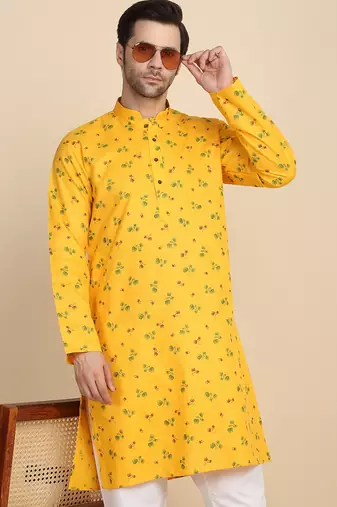 Floral printed cotton blend yellow kurta