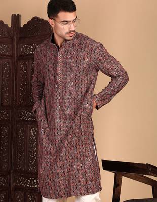 Brown cotton sequins kurta pajama for mens 1