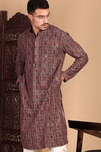 Brown cotton sequins kurta pajama for mens