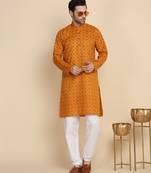 Ethnic motifs cotton blend mustard kurta