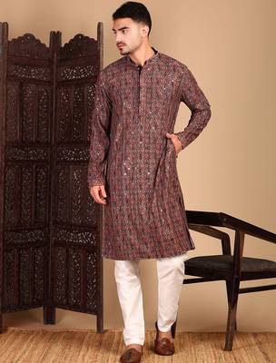 Brown cotton sequins kurta pajama for mens 2