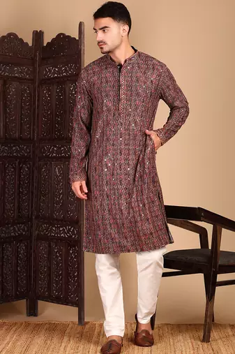 Brown cotton sequins kurta pajama for mens