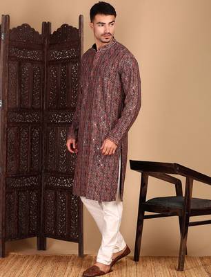 Brown cotton sequins kurta pajama for mens 3
