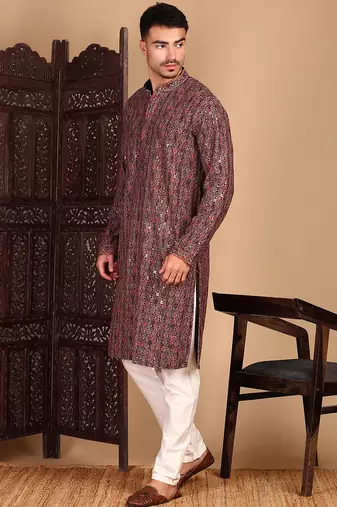 Brown cotton sequins kurta pajama for mens