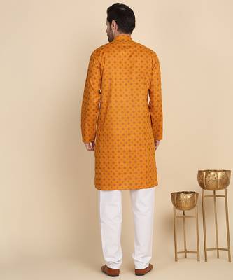 Ethnic motifs cotton blend mustard kurta 3