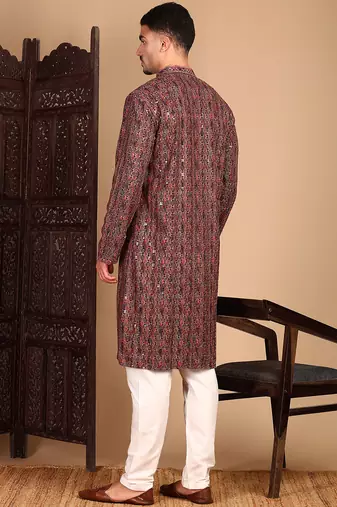 Brown cotton sequins kurta pajama for mens